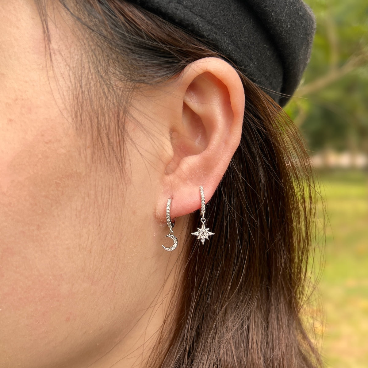 [Clover Jewelery]Star and Moon Asymmetric Earrings