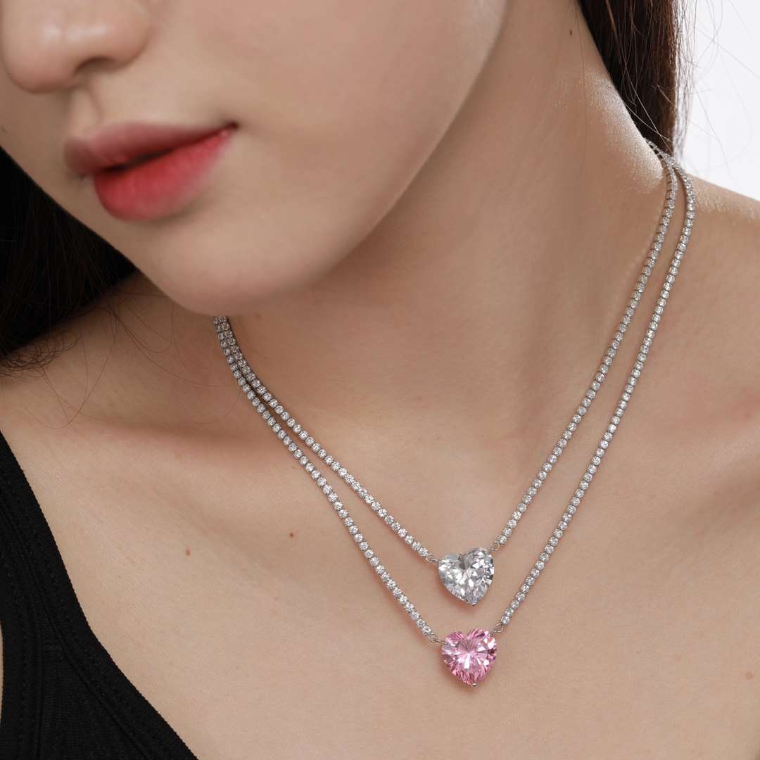 [Clover Jewelery]8.0 Carat Versatile Colorful Sweet Heart-Shaped Tennis Necklace