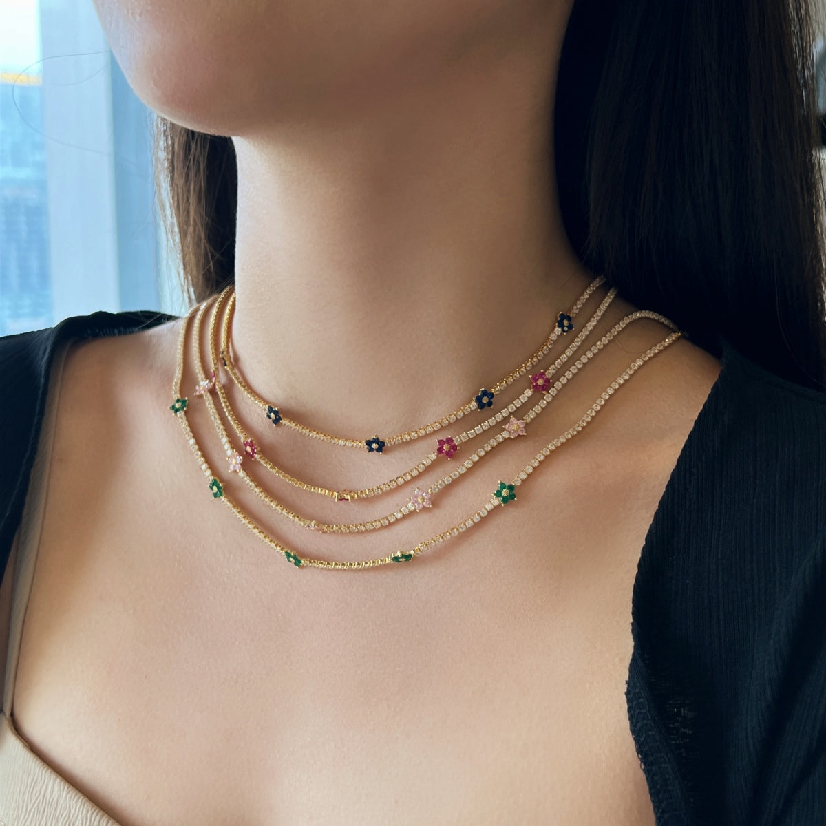 [Clover Jewelery]Luxurious Colorful Flower Tennis Necklace