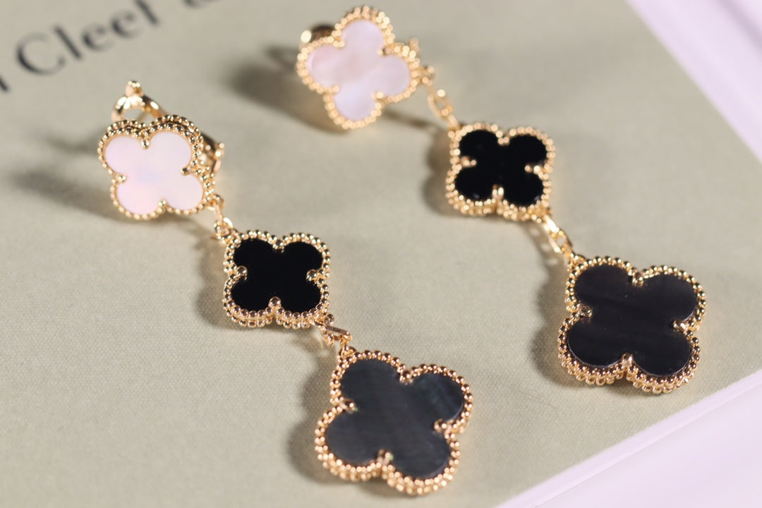 [Clover Jewelery]CLOVER EARRINGS GOLD ONYX MOP 3 MOTIF