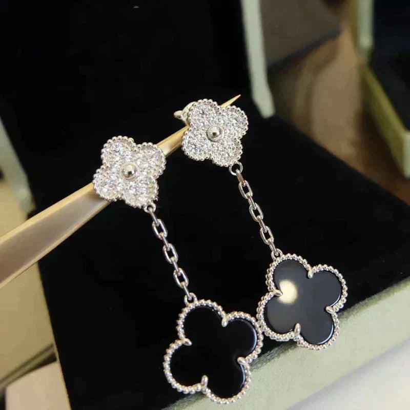 [Clover Jewelery]CLOVER 2 MOTIFS  DIAMOND ONYX EARRINGS SILVER