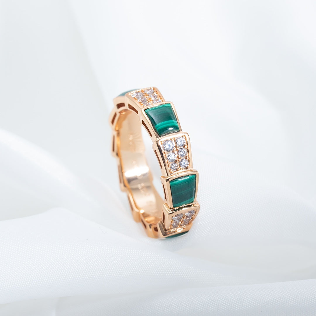 [Clover Jewelery]SERPENTI RING PINK GOLD MALACHITE DIAMOND PAVED 4MM