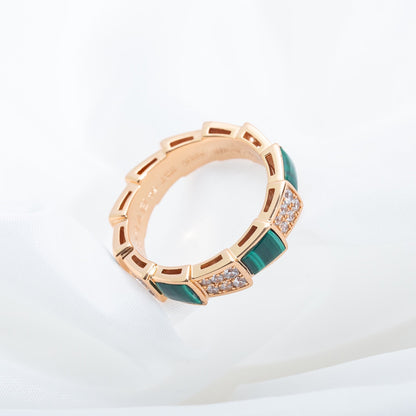 [Clover Jewelery]SERPENTI RING PINK GOLD MALACHITE DIAMOND PAVED 4MM