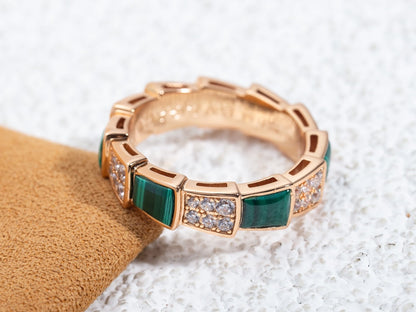[Clover Jewelery]SERPENTI RING PINK GOLD MALACHITE DIAMOND PAVED 4MM