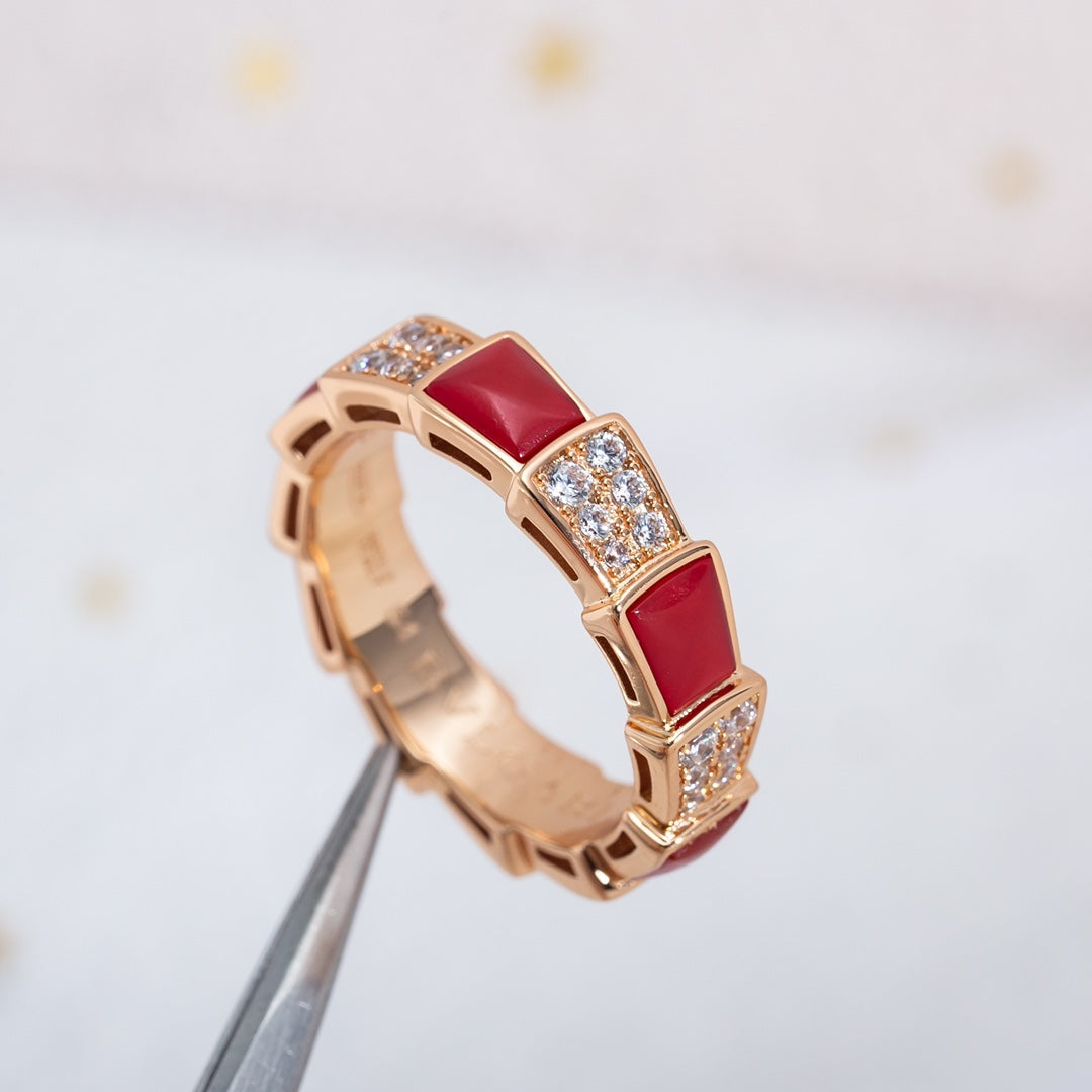 [Clover Jewelery]SERPENTI RING PINK GOLD CARNELIAN DIAMOND PAVED 4MM