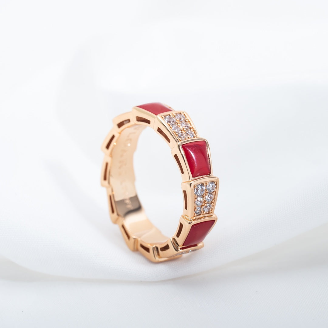 [Clover Jewelery]SERPENTI RING PINK GOLD CARNELIAN DIAMOND PAVED 4MM