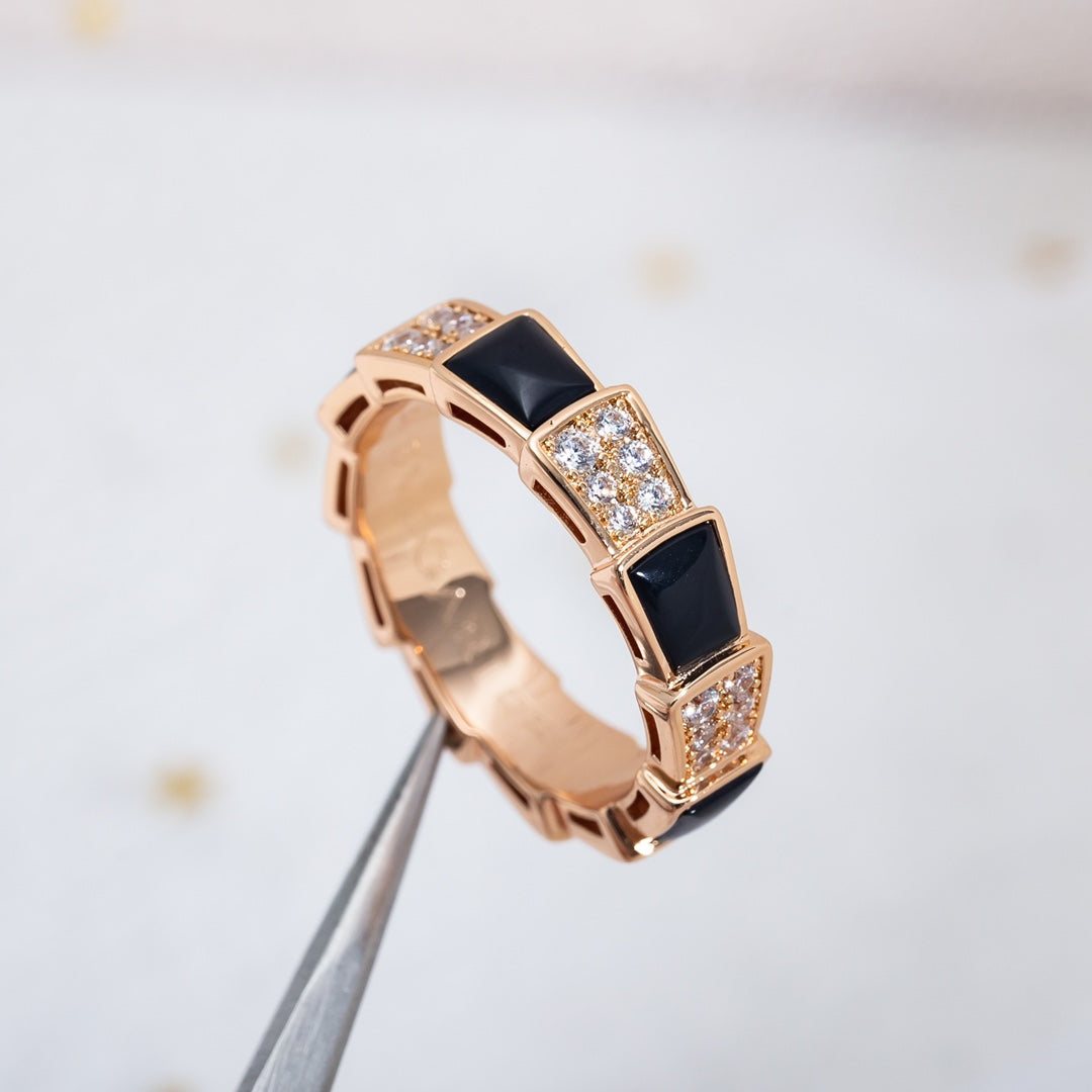 [Clover Jewelery]SERPENTI RING PINK GOLD BLACK MOP DIAMOND PAVED 4MM