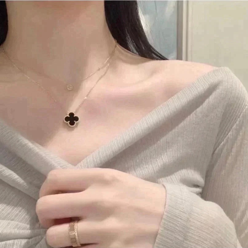 [Clover Jewelery]CLOVER 15MM BLACK ONYX SINGLE FLOWER NECKLACE