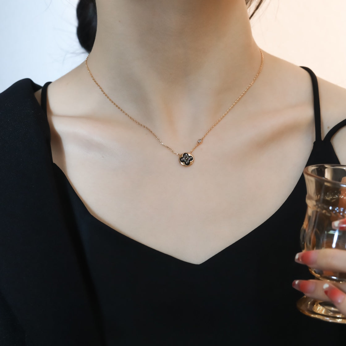 [Clover Jewelery]SUN PEDANT PINK GOLD 1 DIAMOND NECKLACE