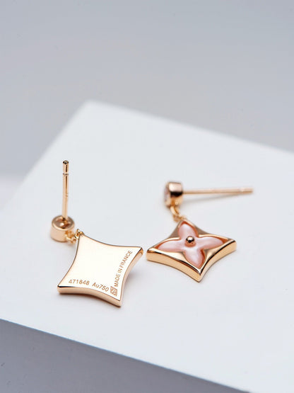 [Clover Jewelery]DOUBLE STAR PINK GOLD MOP DROP EARRINGS