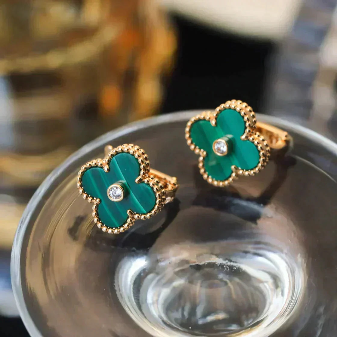 [Clover Jewelery]CLOVER MEDIUM 1 MOTIFS MALACHITE DIAMOND EARRINGS