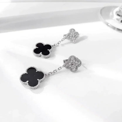 [Clover Jewelery]CLOVER 2 MOTIFS  DIAMOND ONYX EARRINGS SILVER
