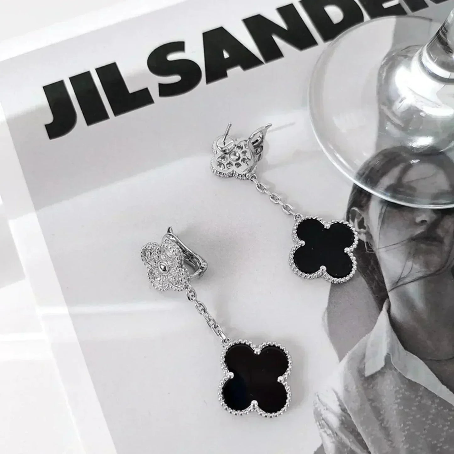 [Clover Jewelery]CLOVER 2 MOTIFS  DIAMOND ONYX EARRINGS SILVER