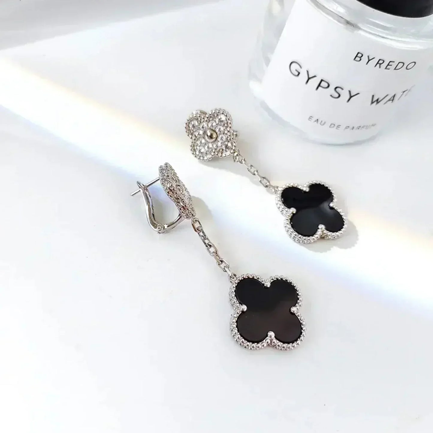 [Clover Jewelery]CLOVER 2 MOTIFS  DIAMOND ONYX EARRINGS SILVER