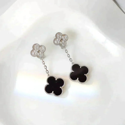 [Clover Jewelery]CLOVER 2 MOTIFS  DIAMOND ONYX EARRINGS SILVER