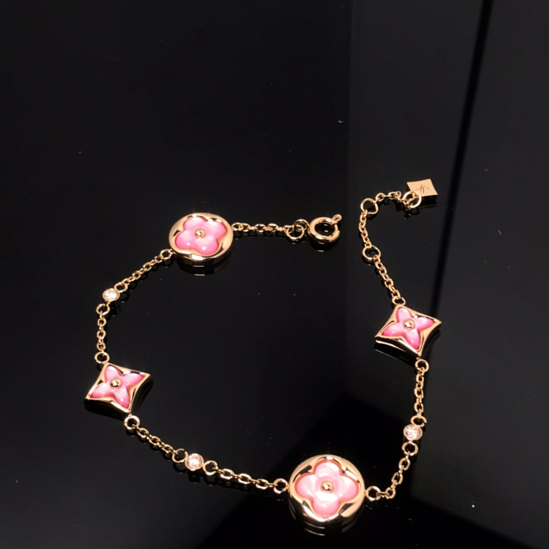 [Clover Jewelery]STAR AND SUN 4 MOTIF PINK MOP PINK GOLD BRACELET