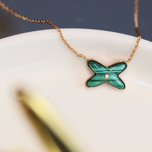 [Clover Jewelery]JEUX MALACHITE 1 DIAMOND PINK GOLD NECKLACE