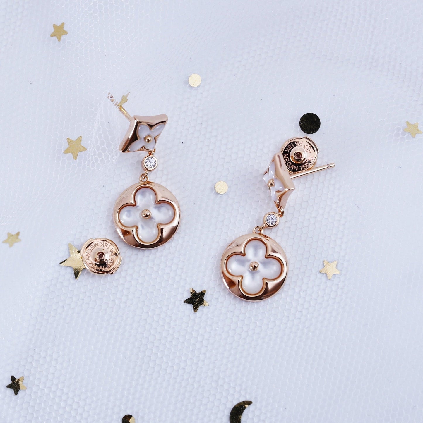 [Clover Jewelery]STAR AND SUN PINK GOLD MOP DROP EARRINGS