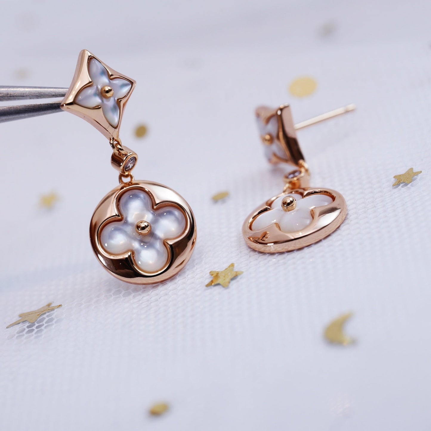 [Clover Jewelery]STAR AND SUN PINK GOLD MOP DROP EARRINGS