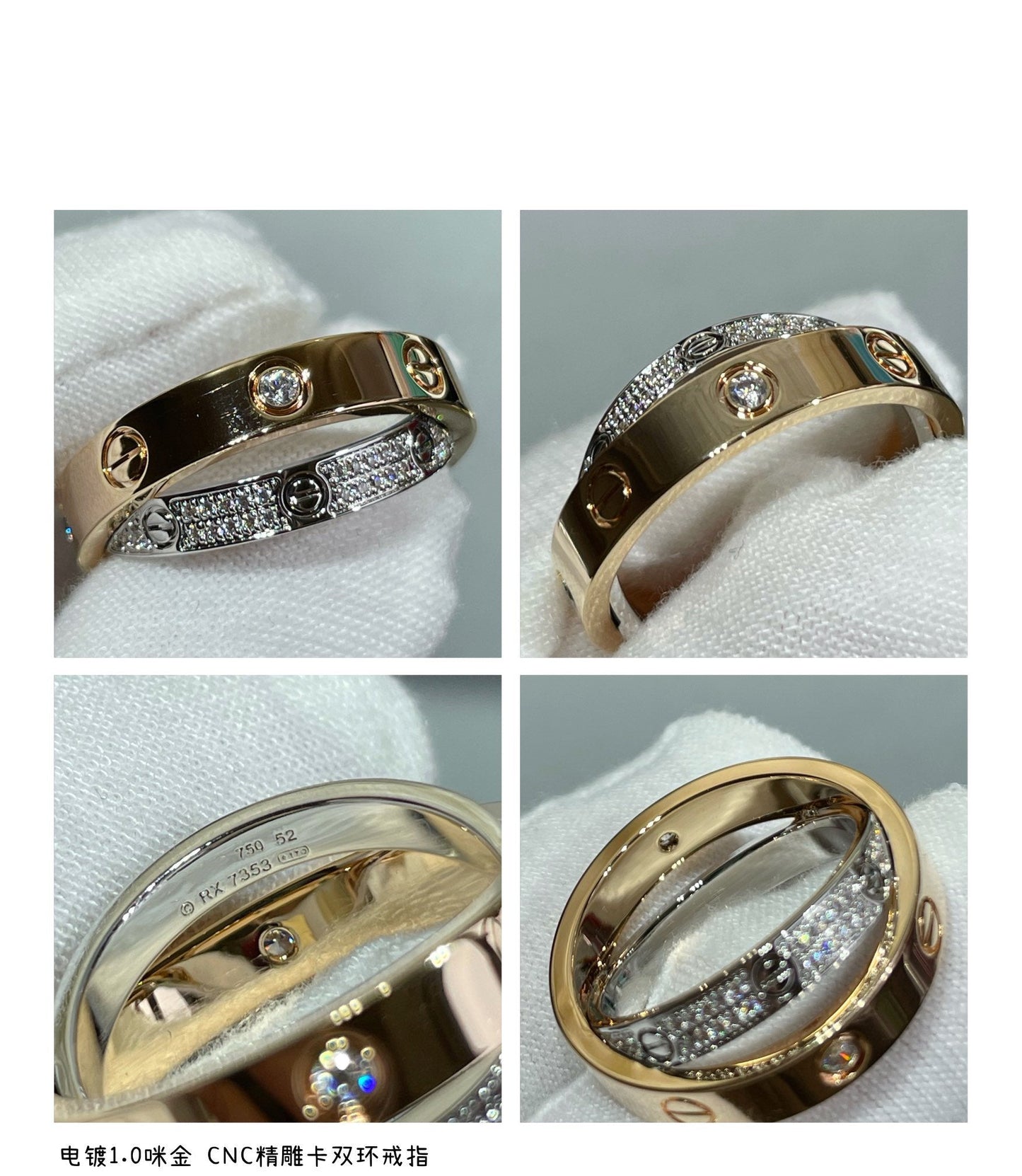 [Clover Jewelery]LOVE PINK GOLD SILVER DIAMOND DOUBLE RING