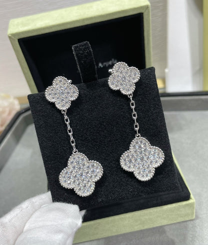 [Clover Jewelery]CLOVER 2 MOTIFS DIAMOND PAVED SILVER EARRINGS