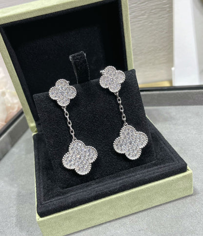 [Clover Jewelery]CLOVER 2 MOTIFS DIAMOND PAVED SILVER EARRINGS