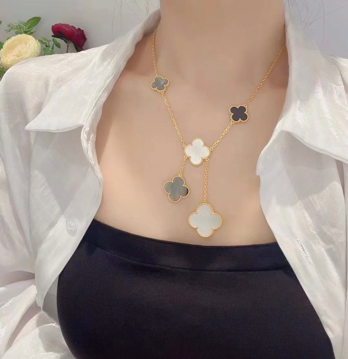 [Clover Jewelery]CLOVER 6 MOTIF MOP ONYX GOLD NECKLACE