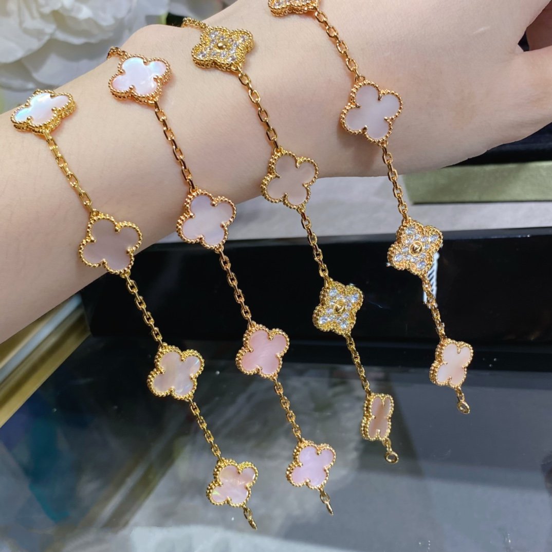 [Clover Jewelery]CLOVER 5 MOTIF DIAMOND PINK MOP PINK GOLD BRACELET