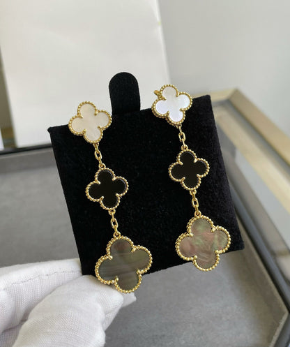 [Clover Jewelery]CLOVER 3 MOTIF MOP ONYX DARK MOP PINK GOLD EARRINGS