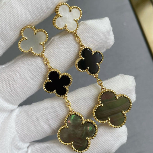 [Clover Jewelery]CLOVER 3 MOTIF MOP ONYX DARK MOP PINK GOLD EARRINGS