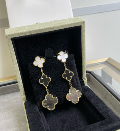 [Clover Jewelery]CLOVER 3 MOTIF MOP ONYX DARK MOP PINK GOLD EARRINGS