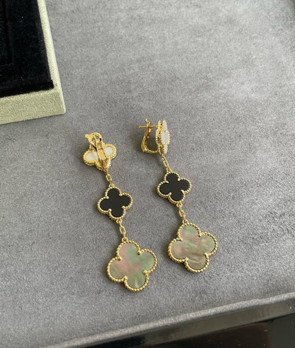 [Clover Jewelery]CLOVER 3 MOTIF MOP ONYX DARK MOP PINK GOLD EARRINGS