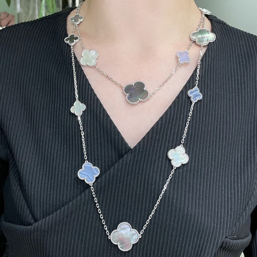 [Clover Jewelery]CLOVER 16 MOTIF CHALCEDONY MOP SILVER NECKLACE