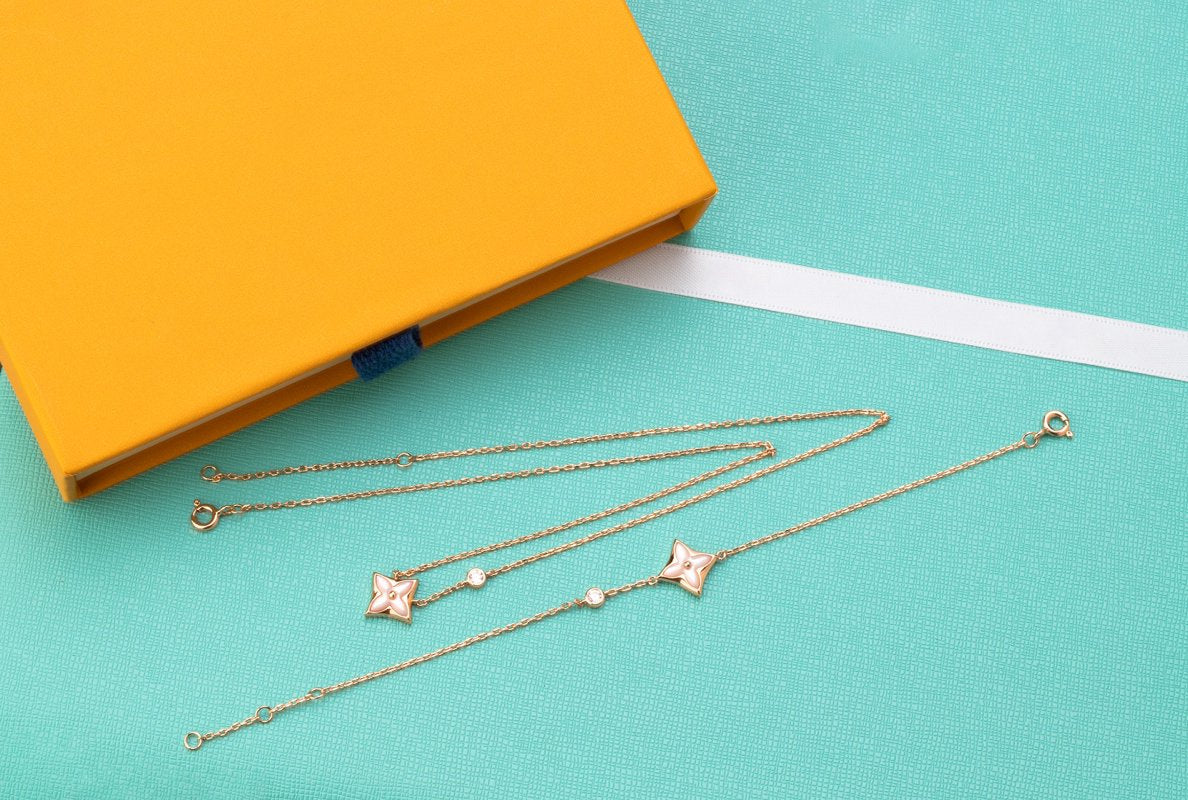 [Clover Jewelery]STAR PINK MOP 1 DIAMOND PINK GOLD NECKLACE