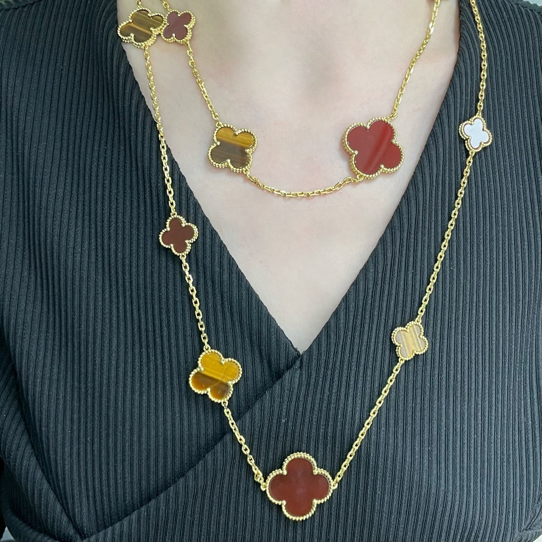 [Clover Jewelery]CLOVER 16 MOTIF CARNELIAN TIGER EYE ROSE GOLD NECKLACE