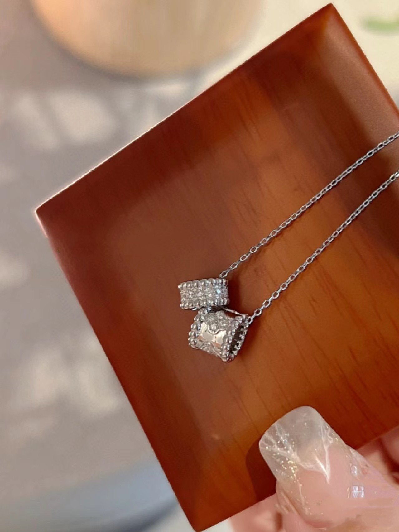 [Clover Jewelery]PERLEE DOUBLE PENDANT SILVER DIAMOND NECKLACE