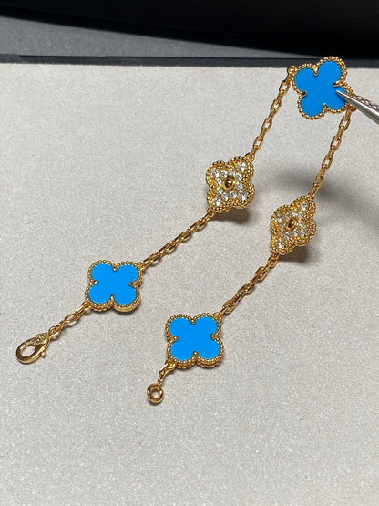 [Clover Jewelery]CLOVER 5 MOTIF BLUE CHALCEDONY DIAMOND GOLD BRACELET