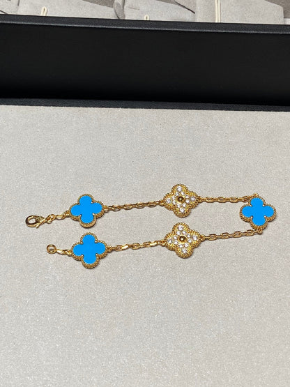 [Clover Jewelery]CLOVER 5 MOTIF BLUE CHALCEDONY DIAMOND GOLD BRACELET
