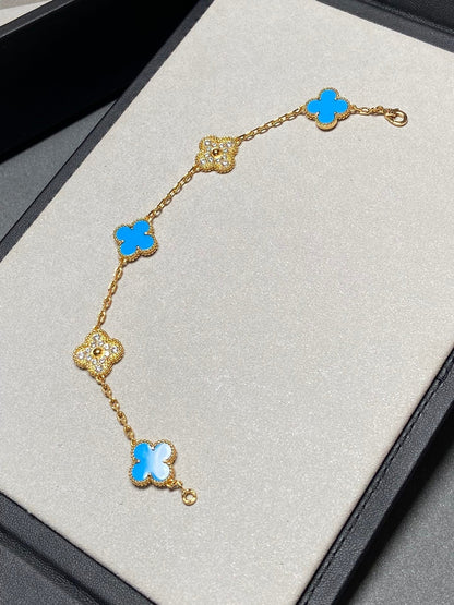 [Clover Jewelery]CLOVER 5 MOTIF BLUE CHALCEDONY DIAMOND GOLD BRACELET