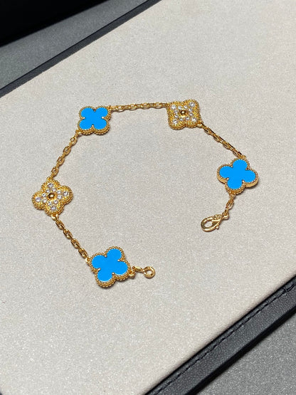 [Clover Jewelery]CLOVER 5 MOTIF BLUE CHALCEDONY DIAMOND GOLD BRACELET