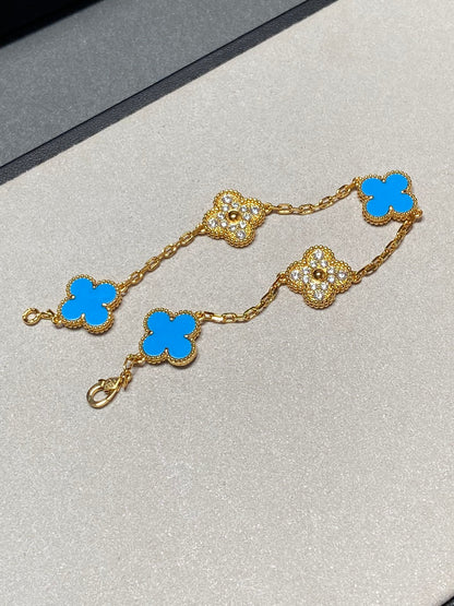 [Clover Jewelery]CLOVER 5 MOTIF BLUE CHALCEDONY DIAMOND GOLD BRACELET
