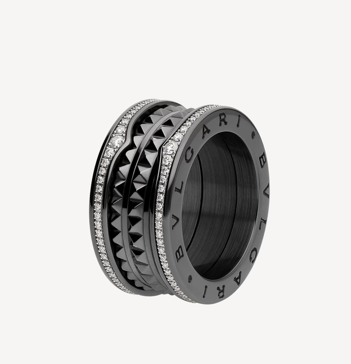 [Clover Jewelery]ZERO 1 ROCK FOUR-BAND BLACK CERAMIC WITH STUDDED SPIRAL AND PAVED DIAMONDS RING