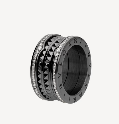 [Clover Jewelery]ZERO 1 ROCK FOUR-BAND BLACK CERAMIC WITH STUDDED SPIRAL AND PAVED DIAMONDS RING