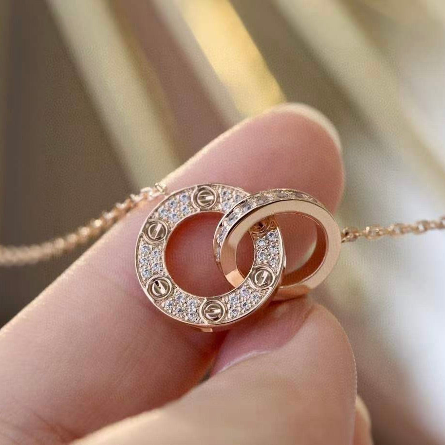 [Clover Jewelery]LOVE 7.6MM NECKLACE ROSE GOLD AND SILVER  FULL DIAMOND