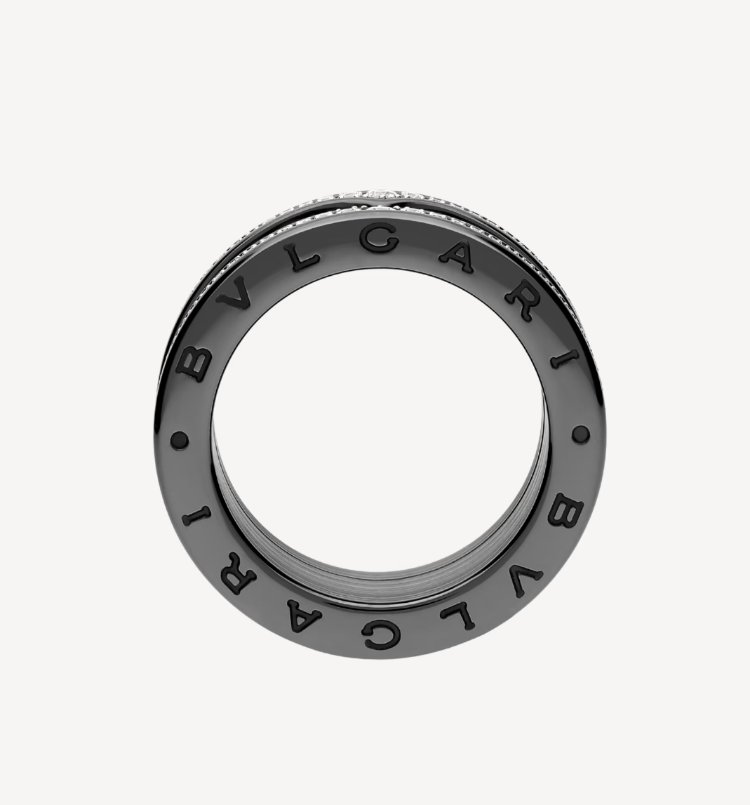 [Clover Jewelery]ZERO 1 ROCK FOUR-BAND BLACK CERAMIC WITH STUDDED SPIRAL AND PAVED DIAMONDS RING