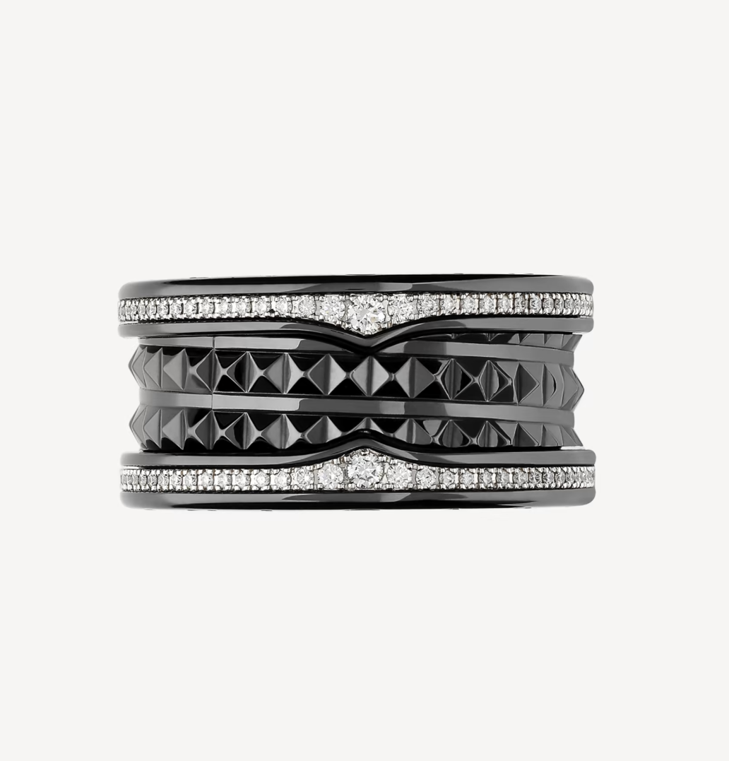 [Clover Jewelery]ZERO 1 ROCK FOUR-BAND BLACK CERAMIC WITH STUDDED SPIRAL AND PAVED DIAMONDS RING