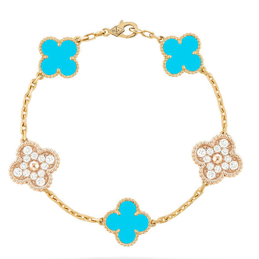 [Clover Jewelery]CLOVER 5 MOTIF TURQUOISE DIAMOND GOLD BRACELET