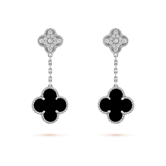 [Clover Jewelery]CLOVER 2 MOTIFS  DIAMOND ONYX EARRINGS SILVER