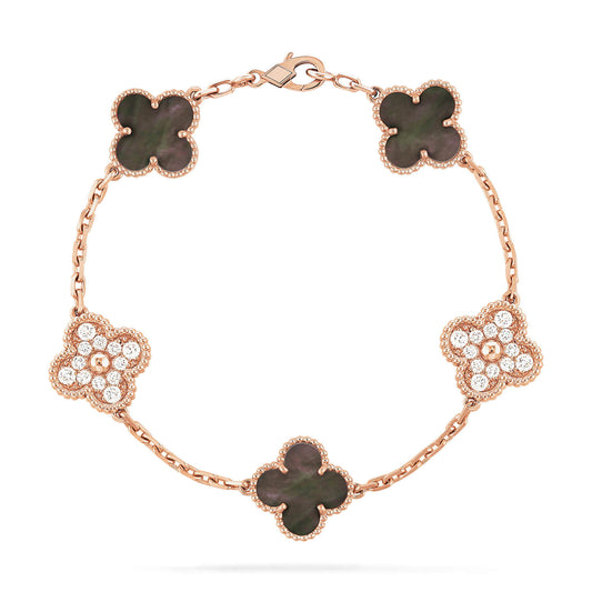 [Clover Jewelery]CLOVER 5 MOTIFS DARK MOP AND DIAMONDS PINK GOLD BRACELET