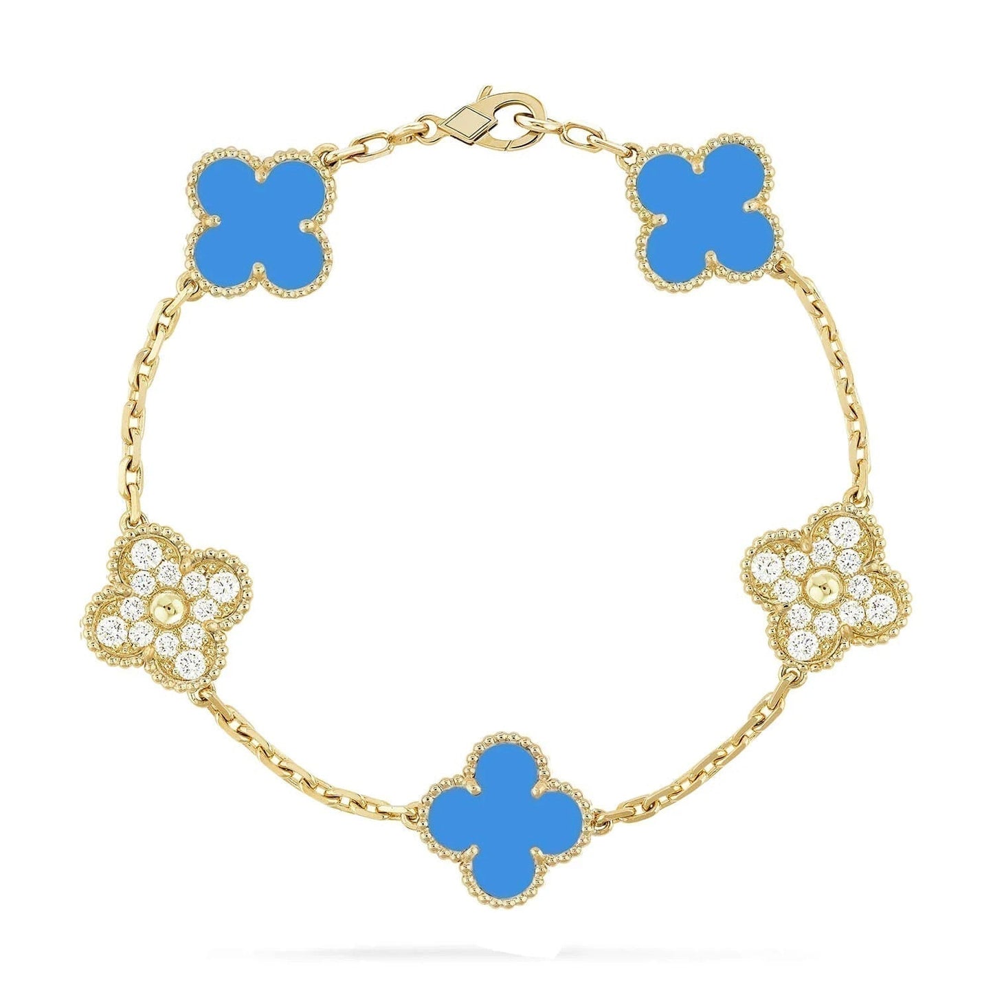 [Clover Jewelery]CLOVER 5 MOTIF BLUE CHALCEDONY DIAMOND GOLD BRACELET